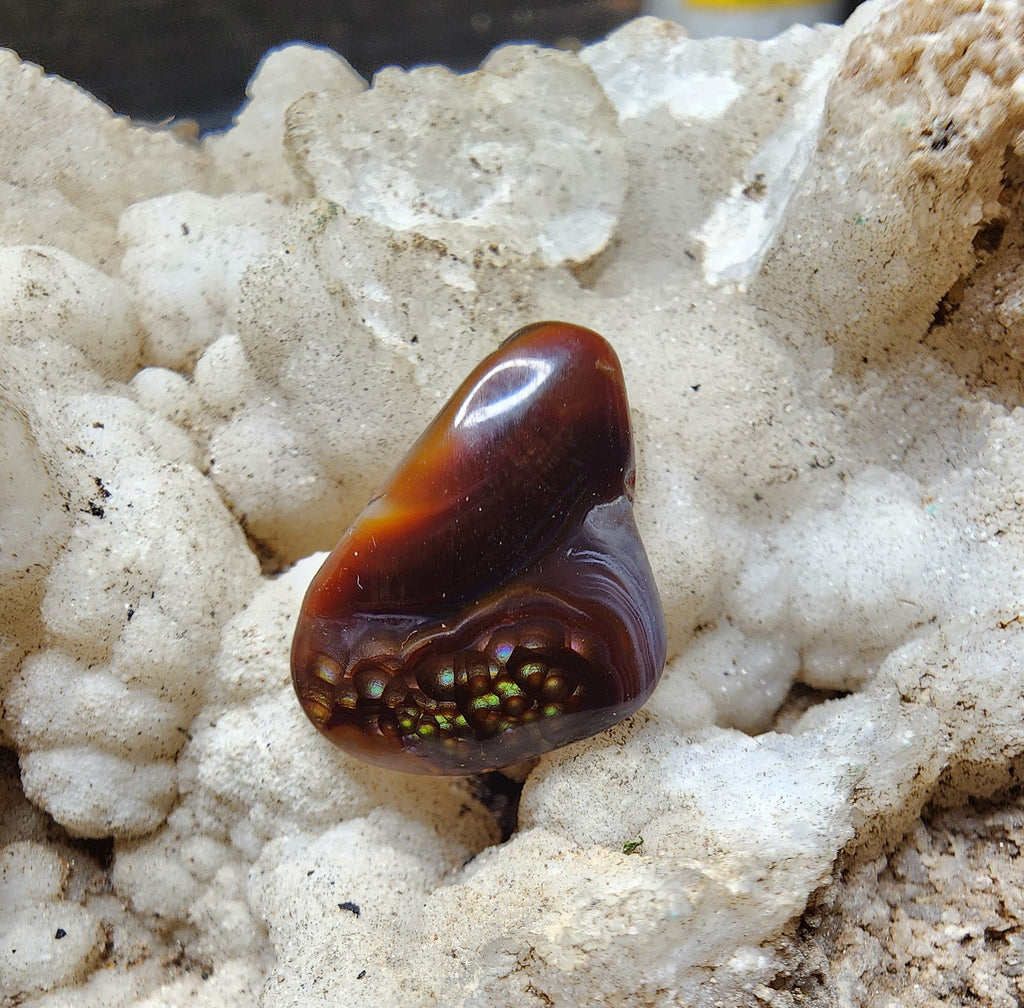 Fire agate cabochon with natural chalcedony banding and botryoidal fire cluster, 11.11 carats