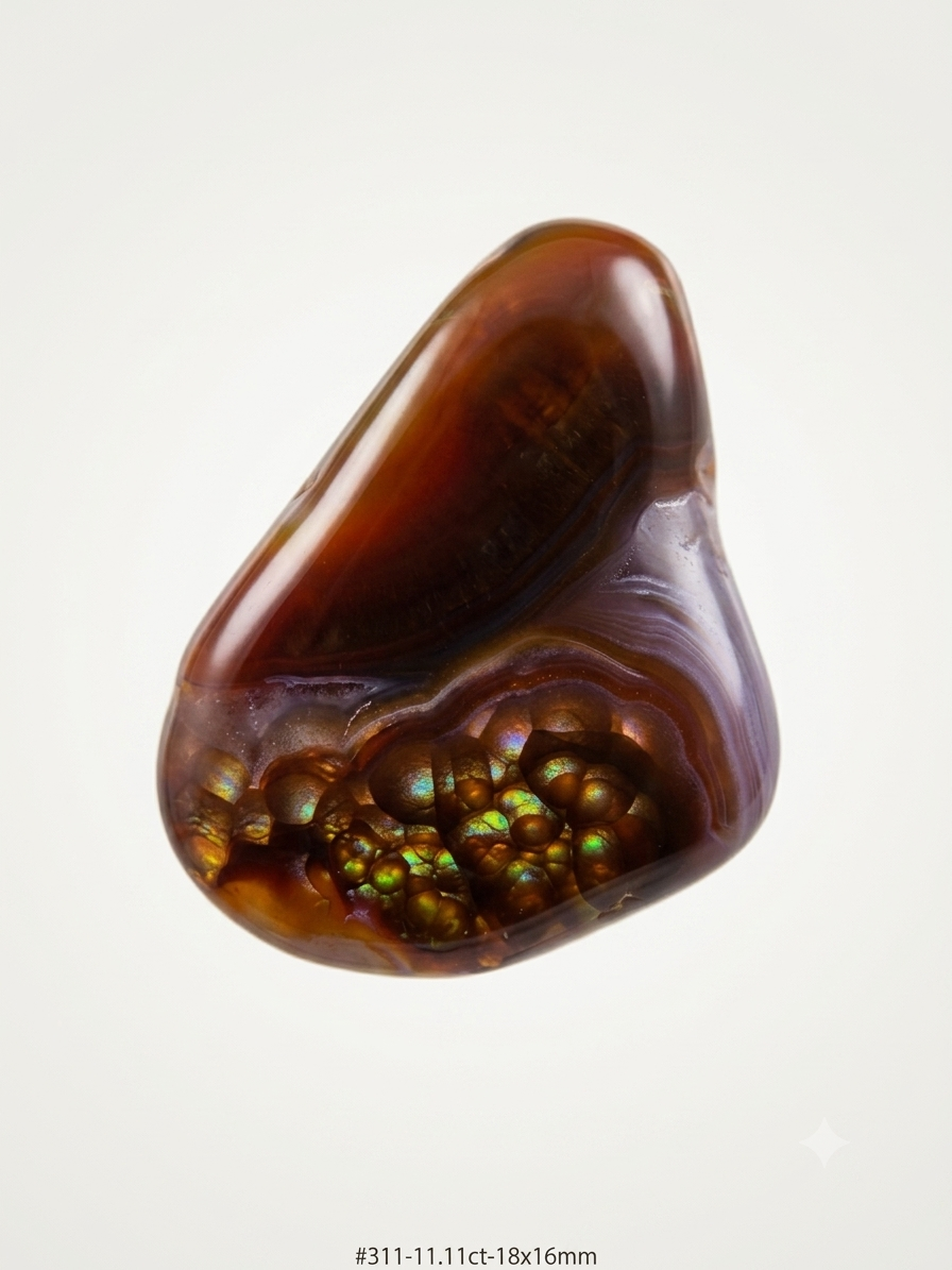 Fire agate cabochon with natural chalcedony banding and botryoidal fire cluster, 11.11 carats