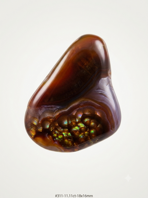 Fire agate cabochon with natural chalcedony banding and botryoidal fire cluster, 11.11 carats