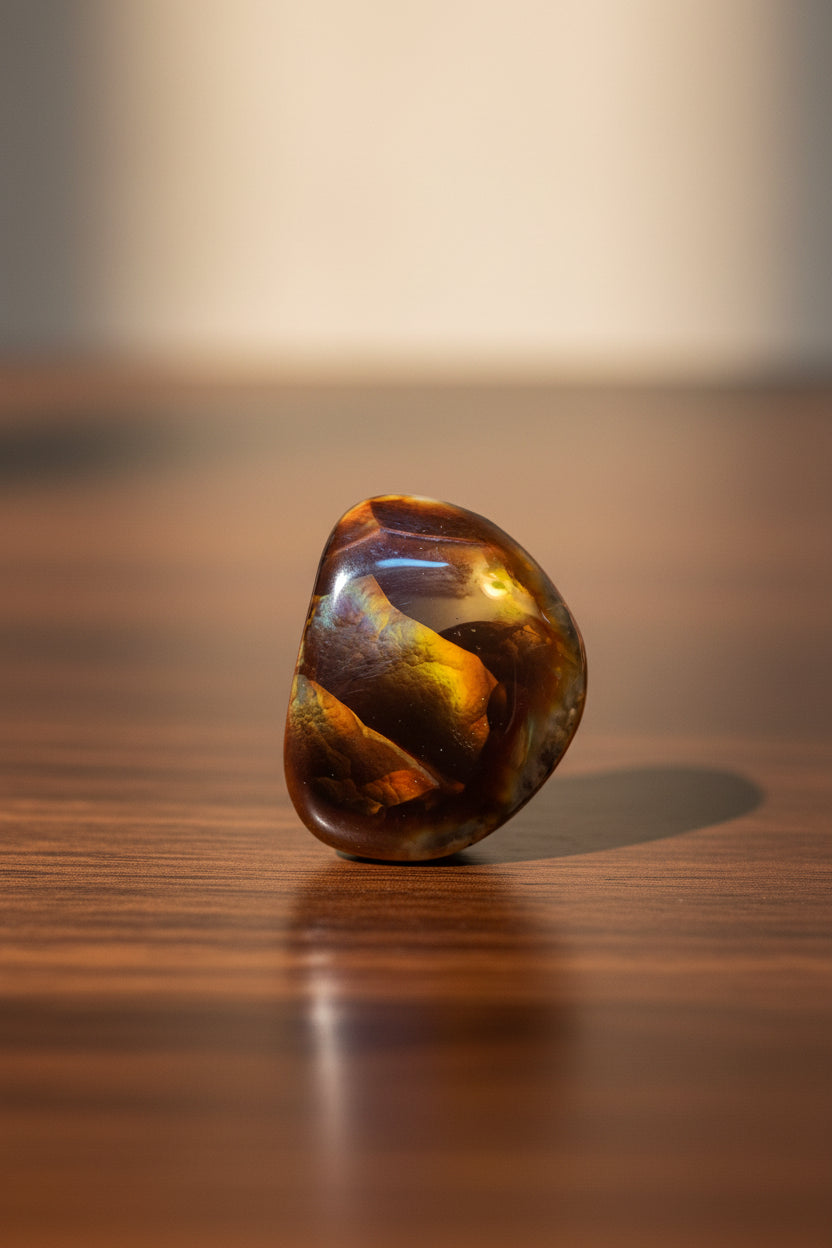 A polished, teardrop-shaped gemstone with a rich marbled pattern of brown, gold, and orange, held between a person's fingers.